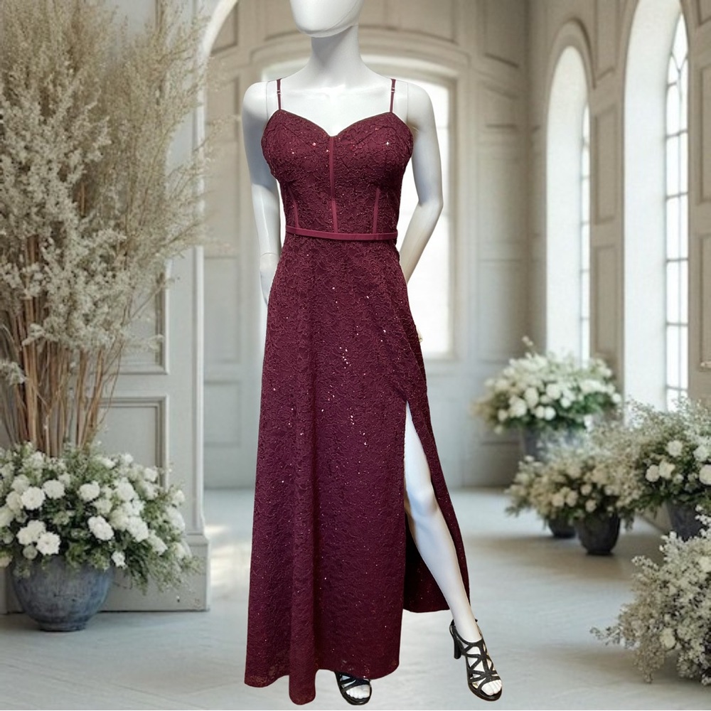 Jules & Cleo Womens Sparkle Lace Corset Dress Size 14 Wine Burgundy Formal Gown
